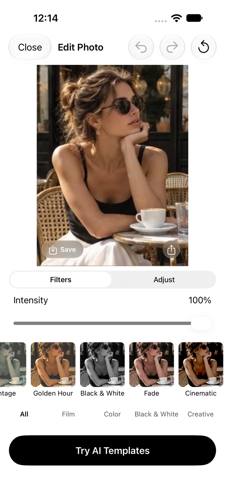 Nomicam photo editor with stable Filters and Adjust sections, intensity control and Save and Share actions.