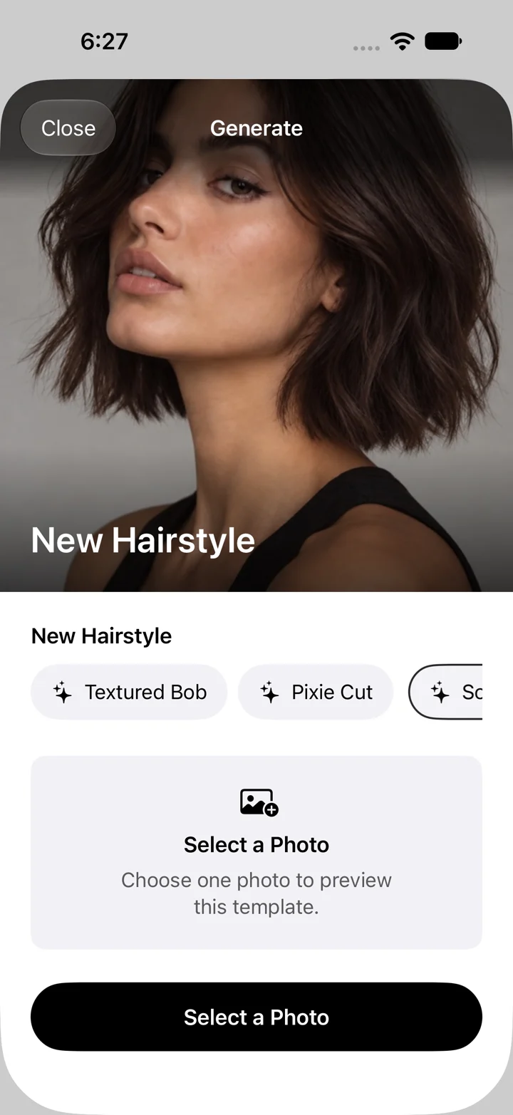 Nomicam New Hairstyle template with hairstyle options and the updated photo selection panel.