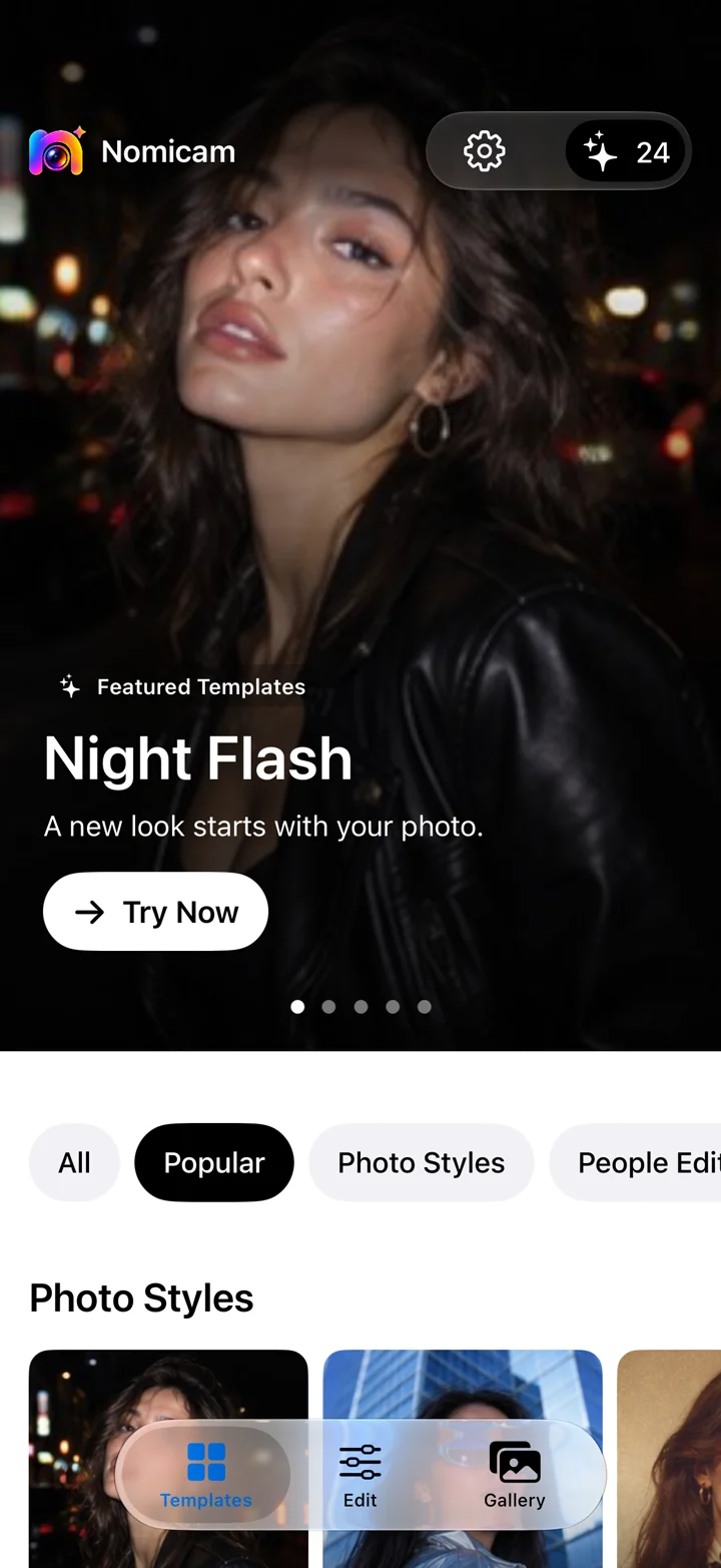 Nomicam Templates with the featured Night Flash preview, Popular category and photo style collection.