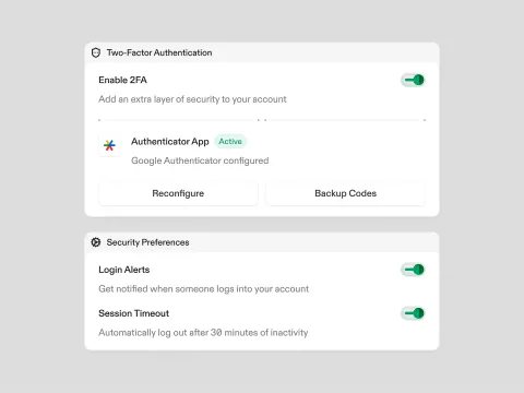 Security settings cards for two-factor authentication and login alerts.