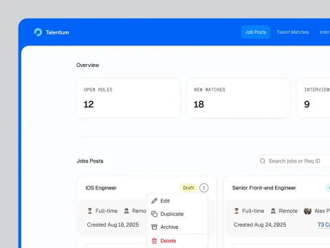 Job board dashboard with recruitment metrics and open-role listings.