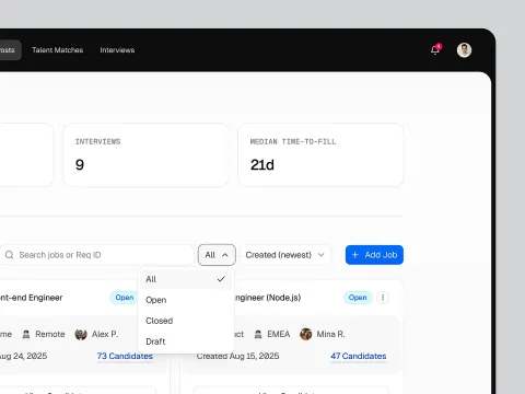 Recruitment dashboard with a dark top bar and open-role listings.