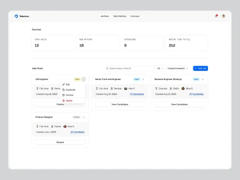 Recruitment dashboard with summary metrics and a job listings table.