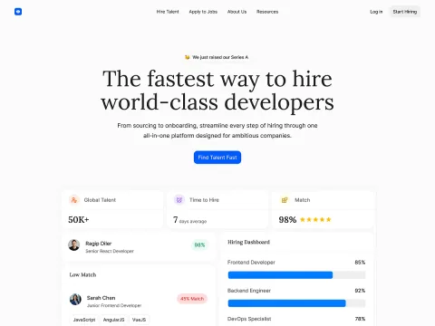 Recruitment website with a developer-hiring headline and candidate overview.