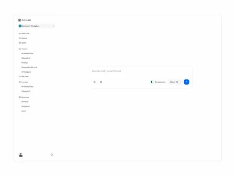AI app-building interface with sidebar tools and a central prompt field.