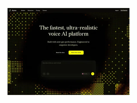 Voice AI website hero with yellow accents on a dark particle background.