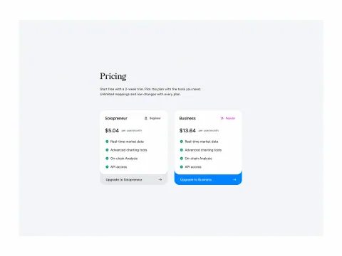 Two-tier SaaS pricing comparison with plan details and blue buttons.