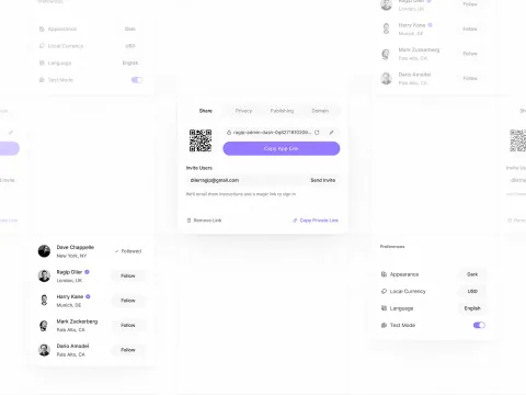 Dashboard components including input fields, buttons, menus and activity lists.